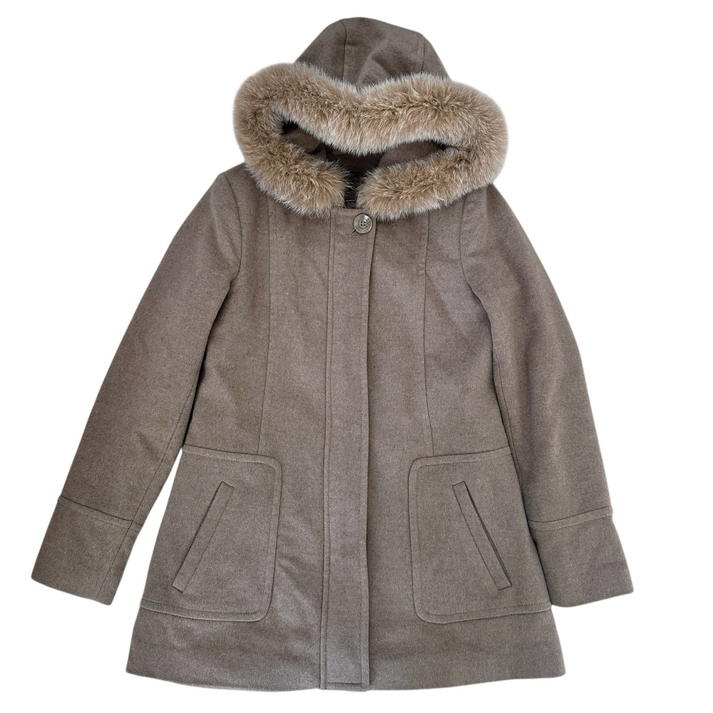 Sachi Lambswool‎ Blend Fox Fur Coat Women's Small Camel Hooded Winter Parka Warm
